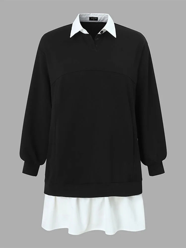 Plus Größe 5XL VONDA Frauen Hoodies Sweatshirts Mode Patchwork Kausalen Revers Kragen Gefälschte Zwei Stück Sweatshirts Lose Lange Jumper.