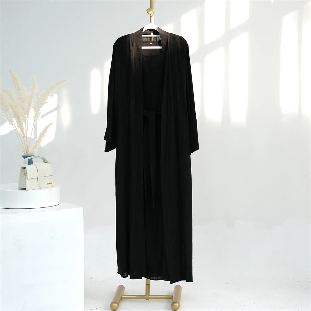 Eid Summer Cotton Linen Kimono Coat Dubai Open Abaya 2024 Muslim for Women Set Retro Kaftan Modest Dresses Islam Clothing Kebaya