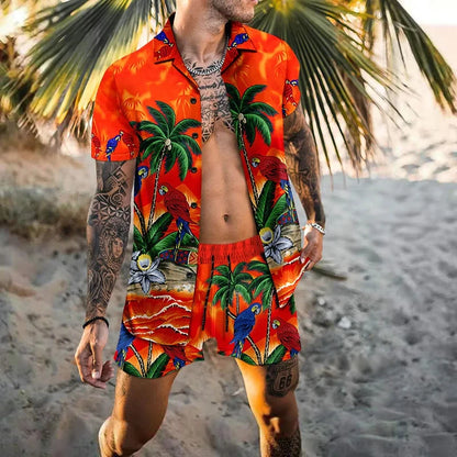 Hawaiian Men Cardigan 2Pcs Sets Summer 3D Print Short Sleeve Button Shirts Beach Shorts Holiday Men's Daily Two Piece Suit.