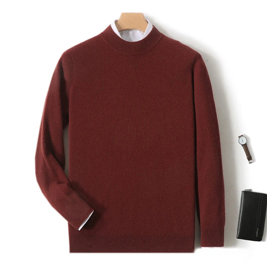 100% Pure Merino Wool Men's Semi High Neck Pullover Solid Color Plus Size Casual Sweater Autumn And Winter Sports Cashmere Top.