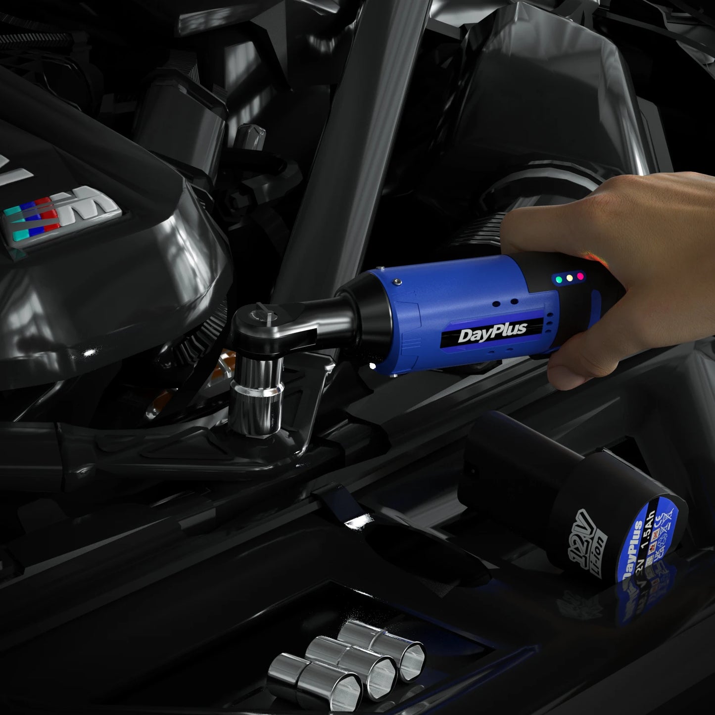 DayPlus 3/8 Zoll kabelloser elektrischer Ratschenschlüssel, 12 V Power-Ratschengerät 200 NM mit 2 x 1500 mAh-Batterien 90 °   Winkelschlüssel, 7 Steckdosen