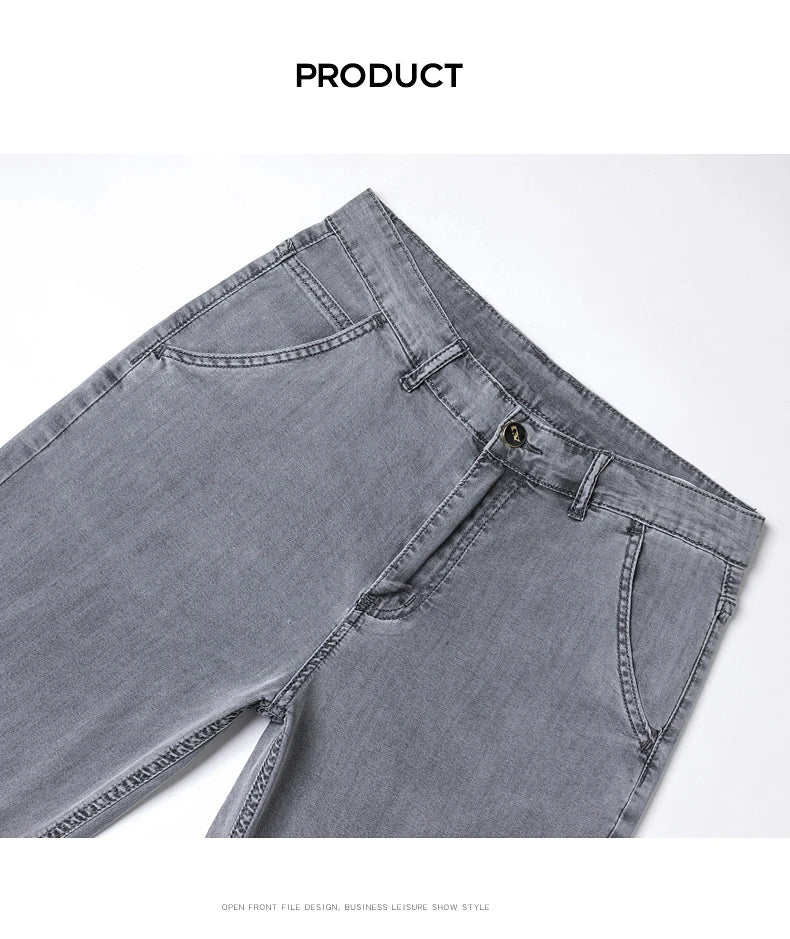 Summer Thin Men's Loose Straight Jeans Lyocell Soft Drape Business Casual Trousers Classic Smoke Gray Brand Ice Silk Pants.