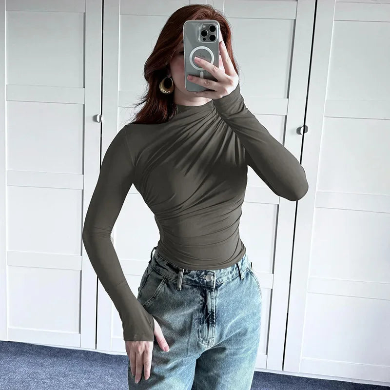 Fashionable Solid Color Women's Polo/Turtle Neck Top 2024 Autumn/Winter New Arrival Slimming Effect Long Sleeve T-Shirt.