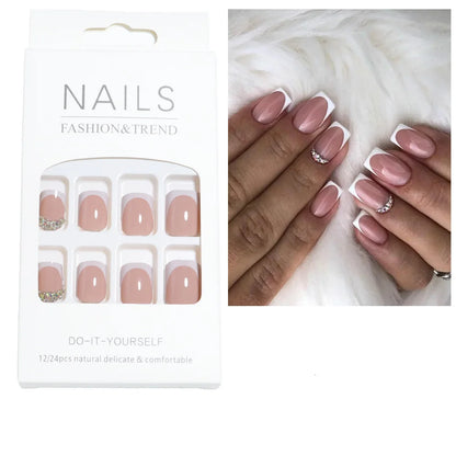 24pcs/set short square fake nails for women cute bride heart white french tips faux ongles y2k press on false nail supplies.