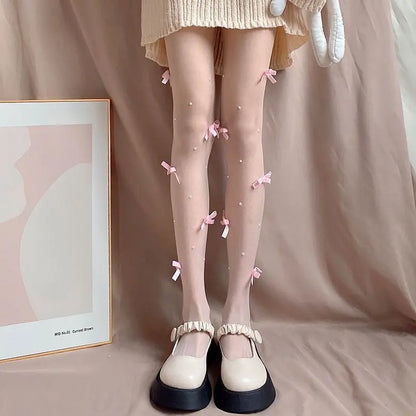 Lolita Pink Velvet Bow Embroidery Pearl Tights Pantyhose Fashion Women Tights JK Lolita Styles Sweet Girls Kawaii Cute Stocking.