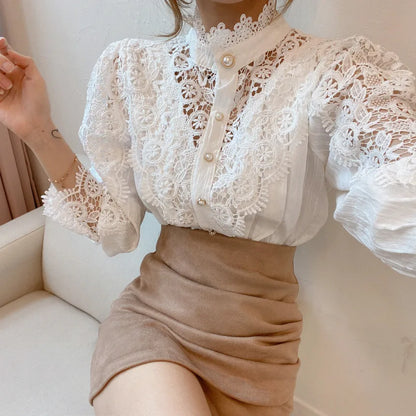 Fashion Long Sleeve Women Blouse Hollow Out Lace Blouse Shirt Tops Women Blusas Mujer De Moda 2024 Blouses Femme Women Shirts.