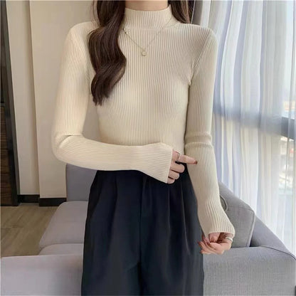 Mode Mock Neck Gestrickte Pullover Frauen Herbst Winter Neue Feste Vintage Grundlegende Tops Koreanische Dünne Rippen Pullover Casual Innere Top.