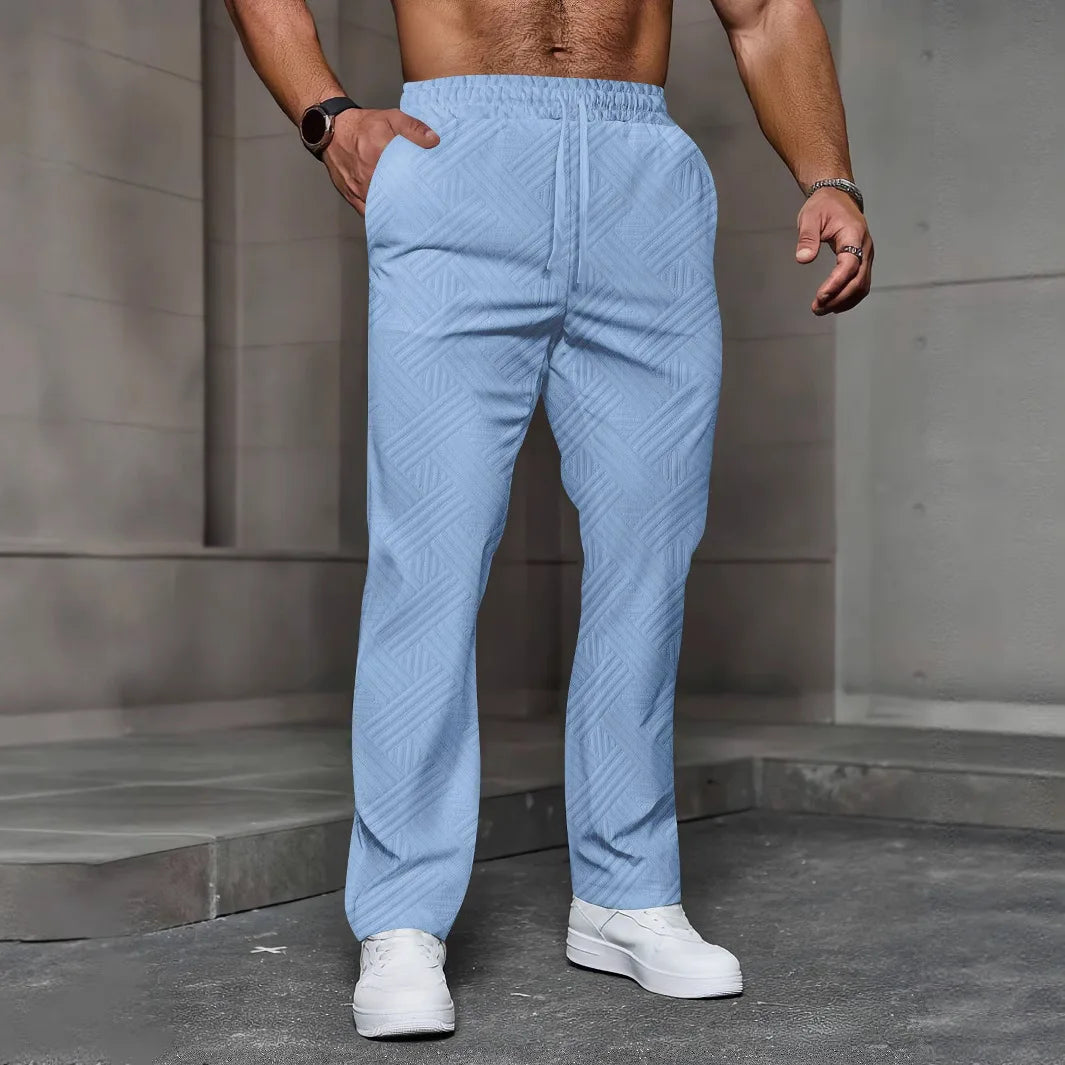 Men's Casual Jacquard Drawstring Trousers 2025 European And American Autumn Style Loose Fit Solid Color Sport Pants with Pockets.