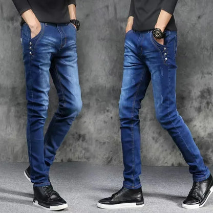 Slim Fit Men's Jeans Casual Elastic Korean Style Autumn Grey Trendy Long Pants Versatile Slim Legged Casual Trousers