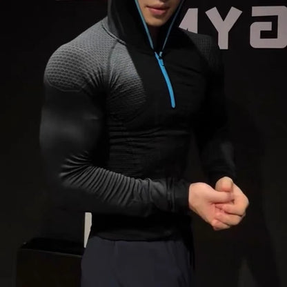 Men's Quick Dry Breathable Slim Fit Elastic Hooded Zipper Long Sleeve Fitness T-Shirt for Gym Sports Casual.