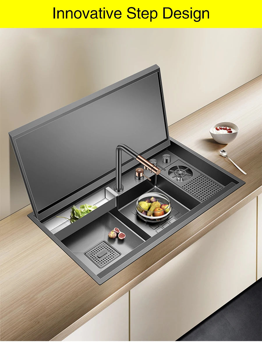 ASRAS Nanometer Black Flip Cover Hidden kitchen Sink 304 Stainless Steel 4mm Thickness Handmade Stepped Sinks Cup Rinser Sinks