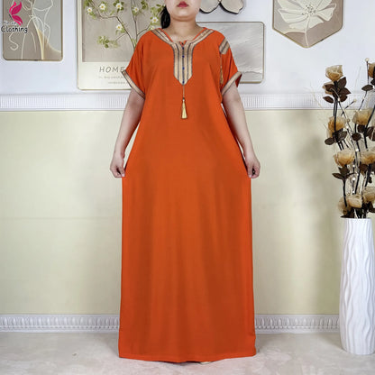 2025 Muslim Caftan Short Sleeve Dress Solid Cotton Summer Abaya African Traditional Dresses Islam for Women Casual Clothing.