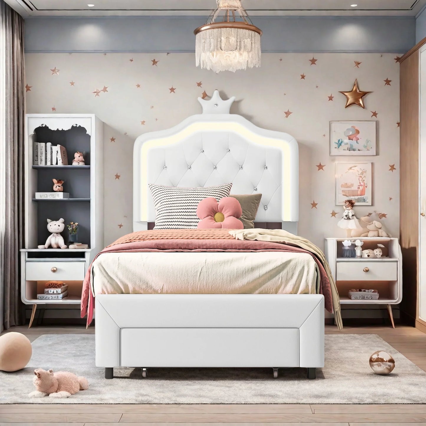 Rosahqnda Kinderbett, gepolsterter Bettrahmen, Krone, Kopfteil, Schubladenschrank, verstellbare Kopfteil-Lederoberfläche
