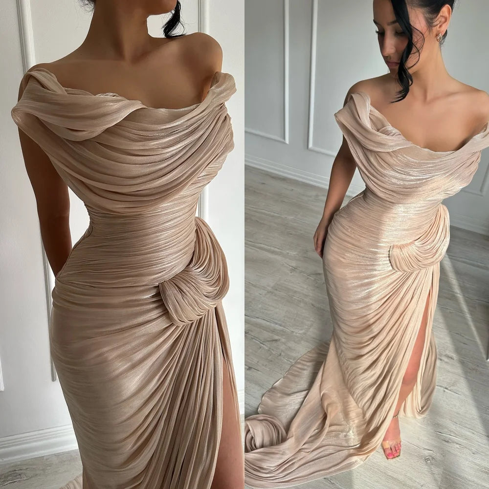 Maßgeschneidertes, exquisites, schulterfreies, ärmelloses Abendkleid, hochwertige Satin-Abschlussballkleider, Temperament, Kapellenschleppe, Partykleider.