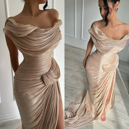 Maßgeschneidertes, exquisites, schulterfreies, ärmelloses Abendkleid, hochwertige Satin-Abschlussballkleider, Temperament, Kapellenschleppe, Partykleider.