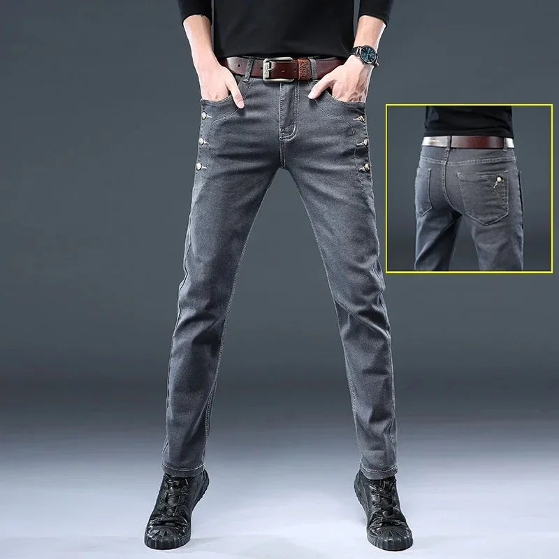 Slim Fit Men's Jeans Casual Elastic Korean Style Autumn Grey Trendy Long Pants Versatile Slim Legged Casual Trousers