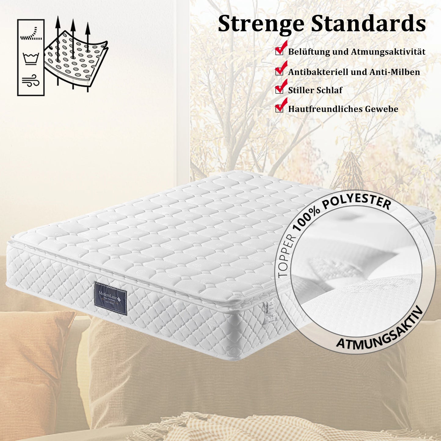 Federkernmatratze, 7 Zonen Kalschaummatratze, Taschenfeder, gesteppter Mikrofaserbezug, Härte H3, 25 cm Höhe