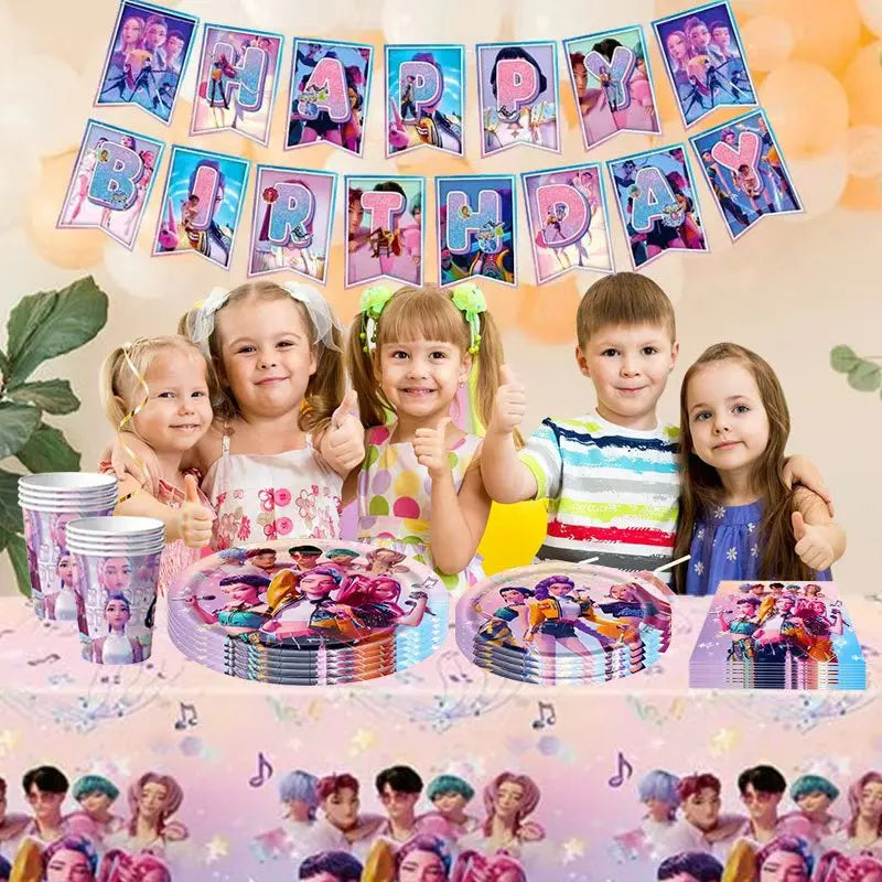 Kpop Demon Hunter Geburtstag Party Dekoration Geschirr Thema für Mädchen Event liefert Kuchen Topper Candy Box Teller Tassen Servietten.