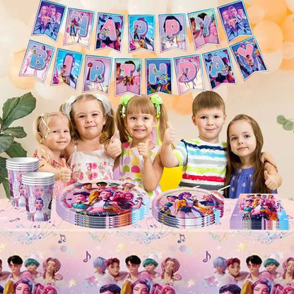 Kpop Demon Hunter Geburtstag Party Dekoration Geschirr Thema für Mädchen Event liefert Kuchen Topper Candy Box Teller Tassen Servietten.