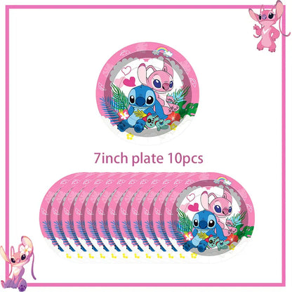 Disney Rosa Stich Geburtstag Party Dekorationen Geschirr Set Tischdecke Hintergrund Banner Für Kinder Geburtstag Dekorationen Lieferungen.