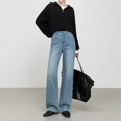 High Waist Straight Leg Jeans Women's Fashionable Denim Wide Leg Pants Slimming Narrow Version Floor-Length Autumn New Arrival.