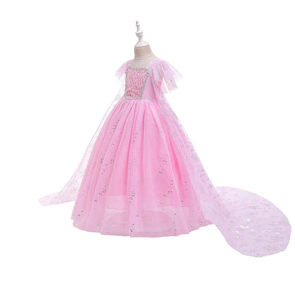 Mädchen rosa Pailletten Mesh Prinzessin Kleid, Mesh kurze Ärmel, mit Umhang, geeignet für Party, Tanz, Performance, Karnevals kleid