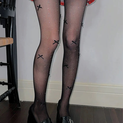 New Lolita Velvet Bowkont Embroidery Pearl Tights Pantyhose Flash Diamond Women Tight JK Style Sweet Girls Kawaii Cute Stockings