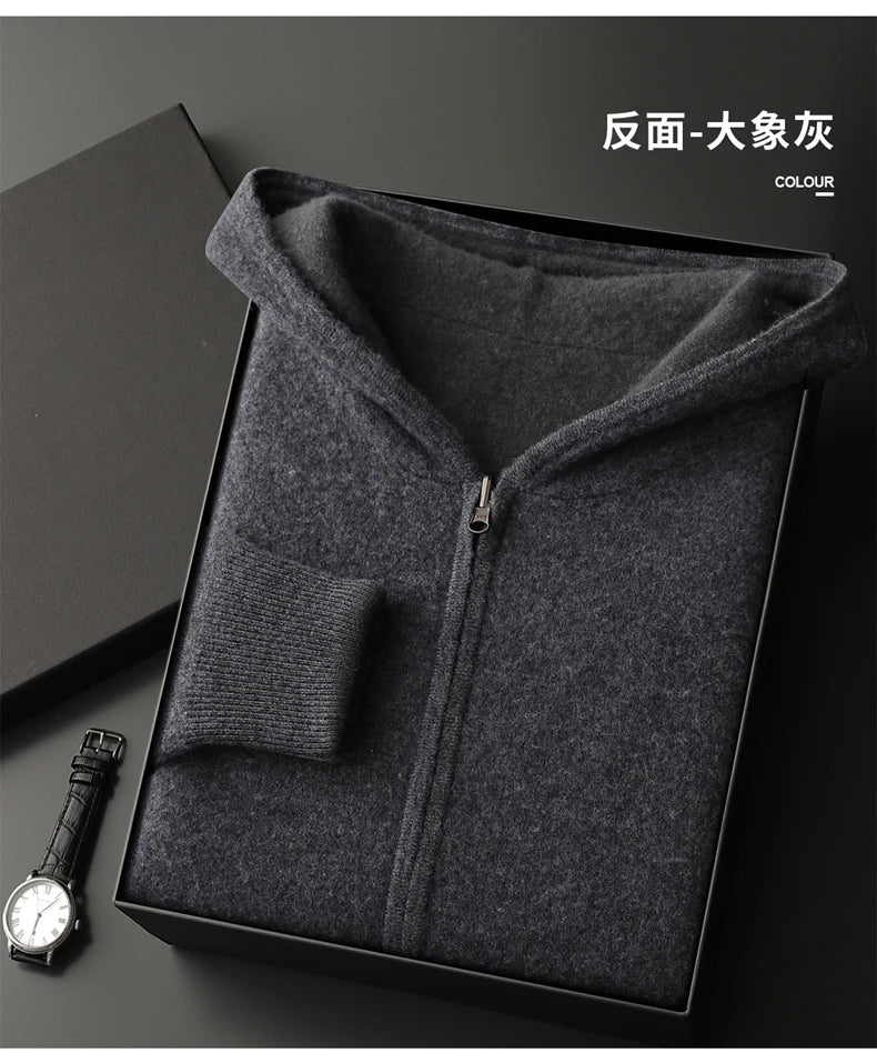 Autumn Winter Pure Cashmere Sweater Double-sided Cardigan Men's Casual Zipper Thickened Cashmere Knitted Hooded Sweater Coat