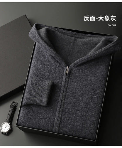 Autumn Winter Pure Cashmere Sweater Double-sided Cardigan Men's Casual Zipper Thickened Cashmere Knitted Hooded Sweater Coat