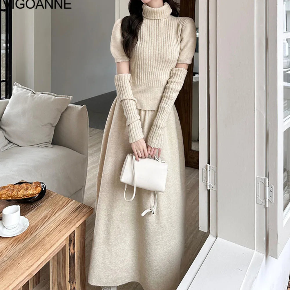 VigoAnne Spring Autumn 2025 Turtleneck Knit Woman 2 Piece Set Casual Solid High Waist Skirts Suits Korean Lady Long Dress Suit.