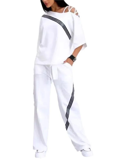 Spring Summer Women Fashion Two Pieces Sets 2025 New Off-the-shoulder Loose Short Sleeve Top And Pants Suits Outfits Clothing.