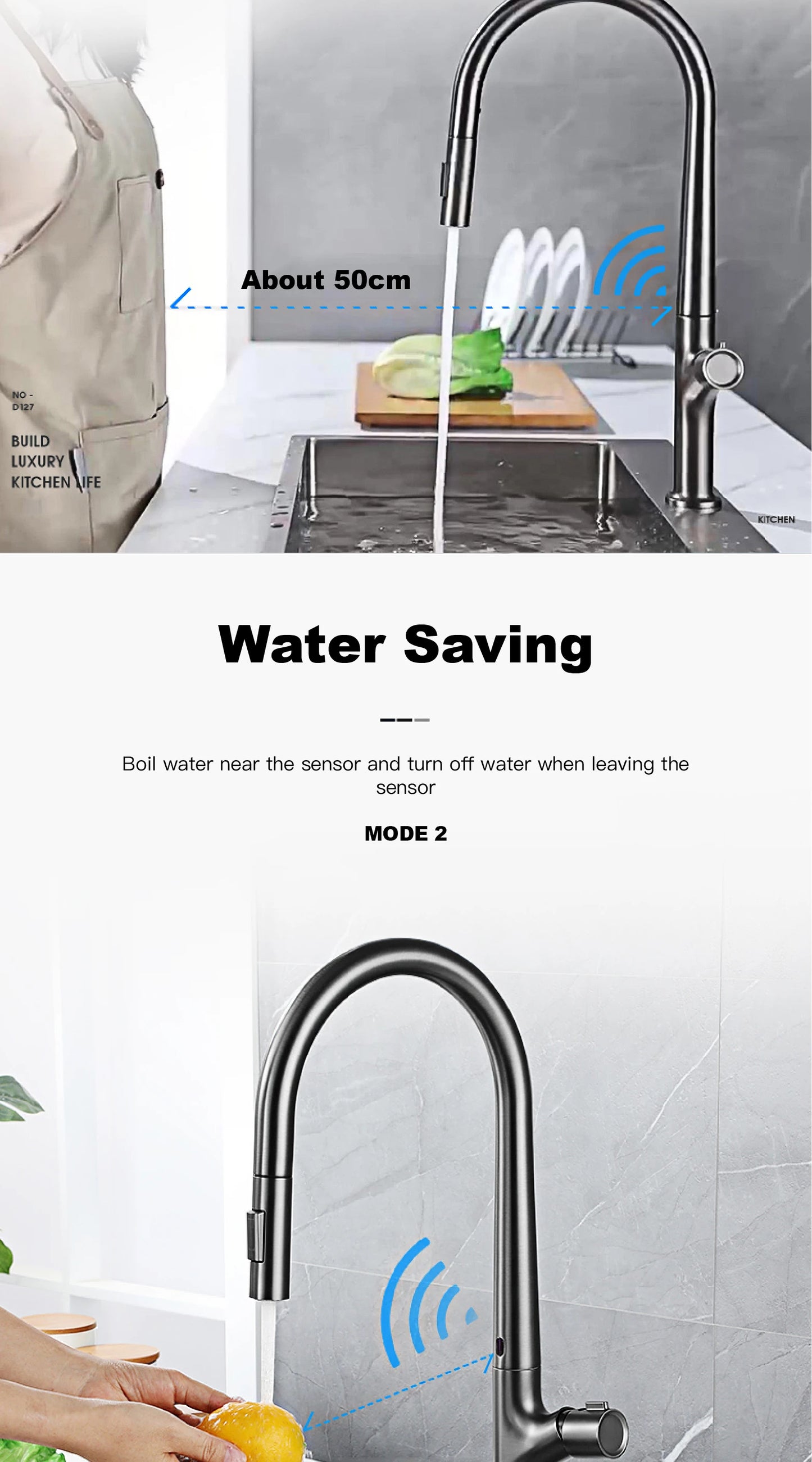 Modern style gun gray pull-out kitchen faucet with 1 handle for hot&cold water intelligent sensing and 2 functions for sink Tap