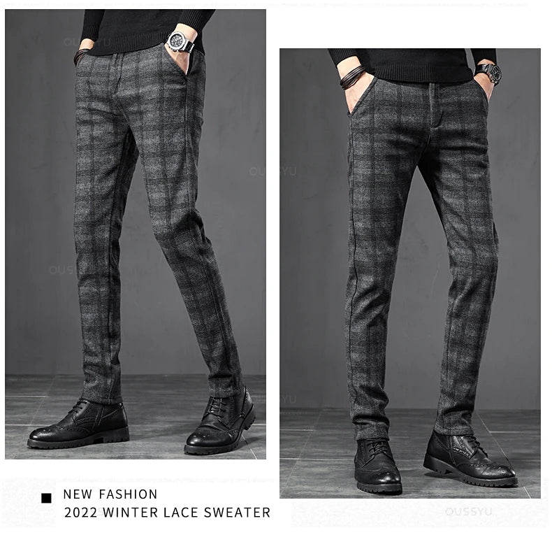 2025 New Spring Autumn England Plaid Work Stretch Pants Men Business Fashion Slim Grey Blue Casual Pant Male Brand Trousers 38.