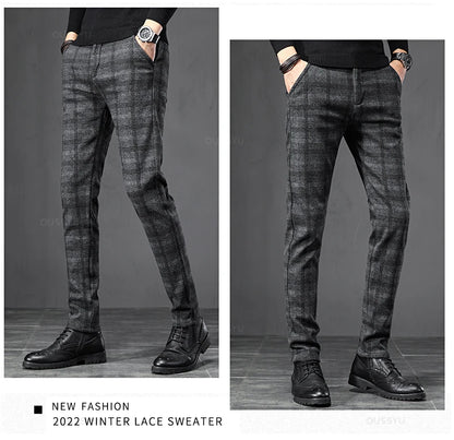 2025 New Spring Autumn England Plaid Work Stretch Pants Men Business Fashion Slim Grey Blue Casual Pant Male Brand Trousers 38.