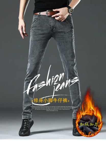 Winter Thick Plus Velvet Men Middle Waist Skinny Jeans Simple Fleece Warm Slim Fit Stretch Boy Casual Denim Pencil Pants.