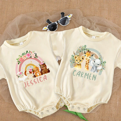 Personalisierter Regenbogen mit Namen Bubble Strampler Säugling Dschungel Geburtstag Party Kleidung Baby Übergroßer Body Niedlicher Wild One Overall.