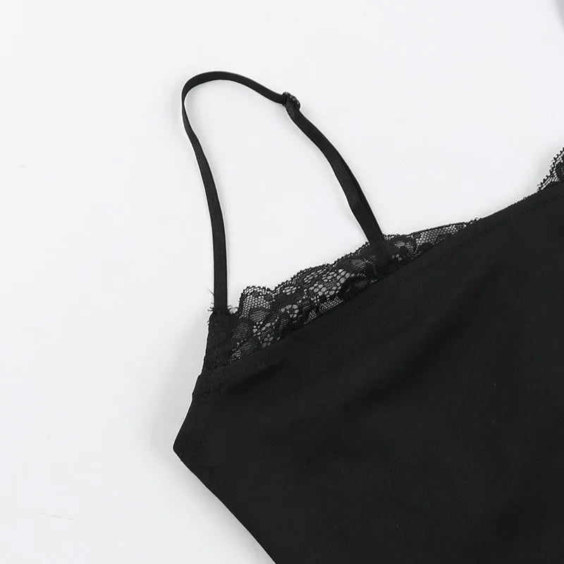 Top Sexy Hot Girl Sommer Slim Fit Einfarbig Spitze Patchwork Hosenträger.