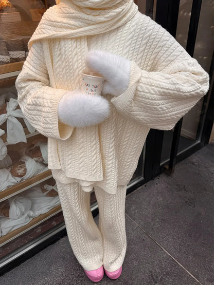 Bornladies Herbst Winter Mode frauen Neue Zopfmuster Pullover Breite Bein Hosen Set Weiche Wolle Mischung Lose Fit High Neck Pullover