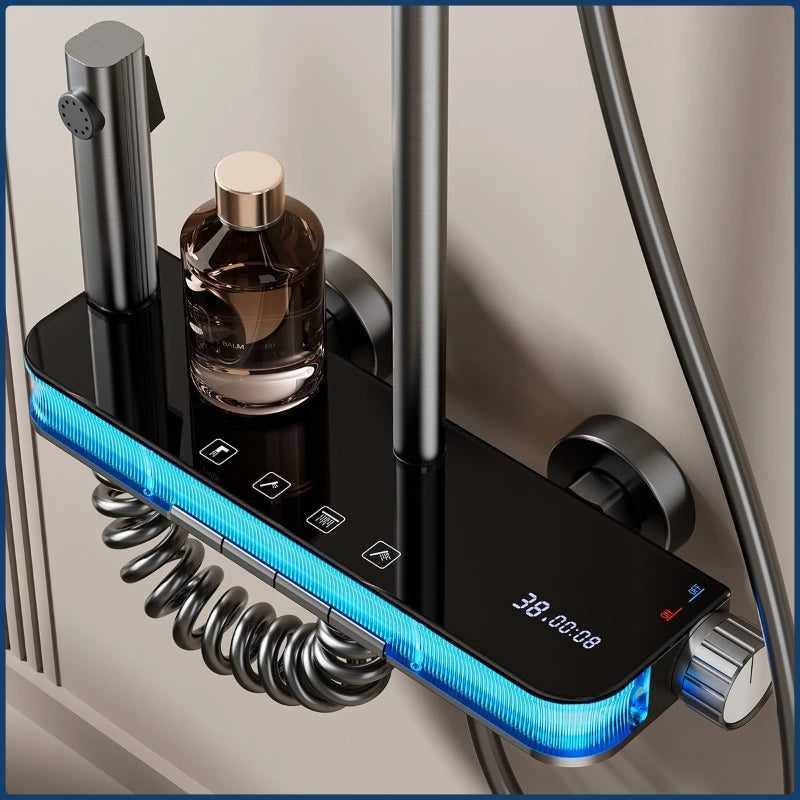 Smart Digital Rainlfall Bathroom Shower Set Temperature Display Bathroom Shower Faucet Set Grey Shower System with Ambient Light