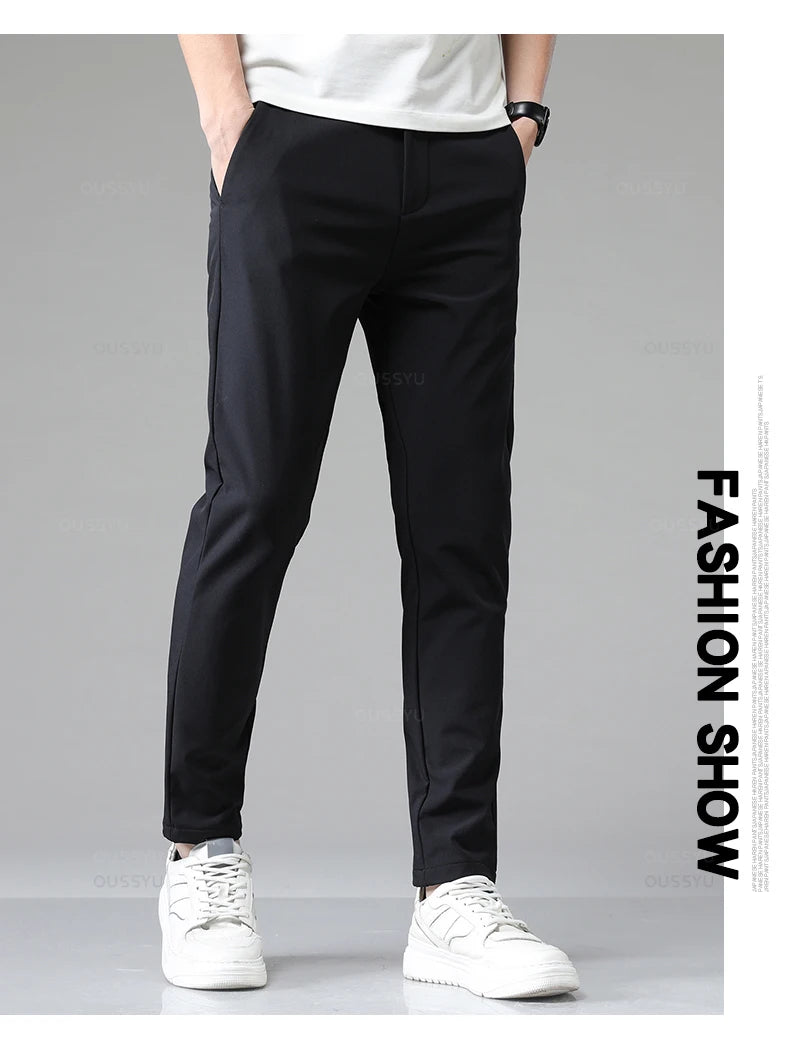 Autumn Winter Casual Pants Men Thick Business Stretch Slim Elastic Waist Jogger Korean Classic Black Gray Blue Trouser Male.