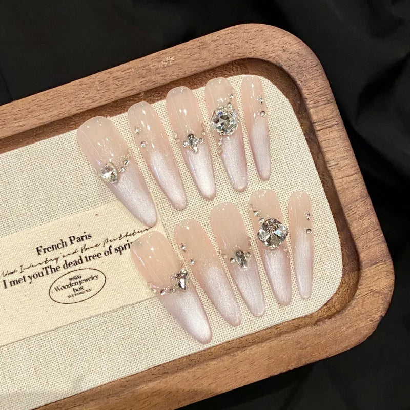 10pcs Pink Cat Eye False Nails 3D Butterfly Fake Nails Diamond Pearl Press on Nails Gradient French Glue on Nail Almond Nail Art.