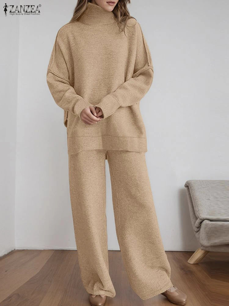 ZANZEA Gestrickte 2-teilige Hosen-Sets für Damen, lässig, lockerer Rollkragen, Langarm-Pullover und Hosenanzüge mit weitem Bein, tägliche Outfits