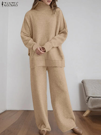 ZANZEA Gestrickte 2-teilige Hosen-Sets für Damen, lässig, lockerer Rollkragen, Langarm-Pullover und Hosenanzüge mit weitem Bein, tägliche Outfits