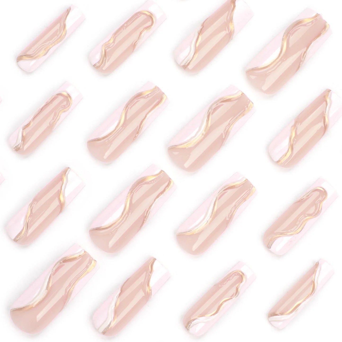 24Pcs 3D Long Ballet False Nails White Coffin Wave with French Design Wearable Fake Nails Gold Line Full Cover Press on Nails.