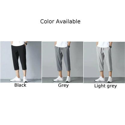2025 New Summer Men's Ice Silk Pants Hong Kong Style Trendy Loose-Fit Straight-Leg Cropped Pants Korean Version Casual Pants.