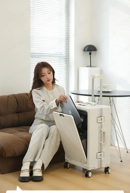 Vorne öffnender Rollgepäckkoffer mit großer Kapazität, Aluminiumrahmen, ABS + PC-Trolley, Koffer, USB-Lade-Boarding-Koffer.