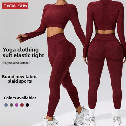 Autumn Winter Yoga Fitness Sportswear Long Sleeve Women's Top And Bottoms Quick Dry Set Finger Snap Gymnastics Outfit.