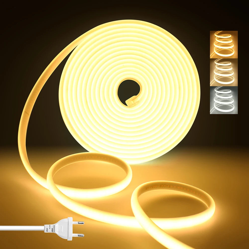 220V Dimmable COB LED Neon Strip Light Dimmer Switch Plug Kit Waterproof 288 LED Flex Tube Lamp Hight Bright Warm/Natural White.