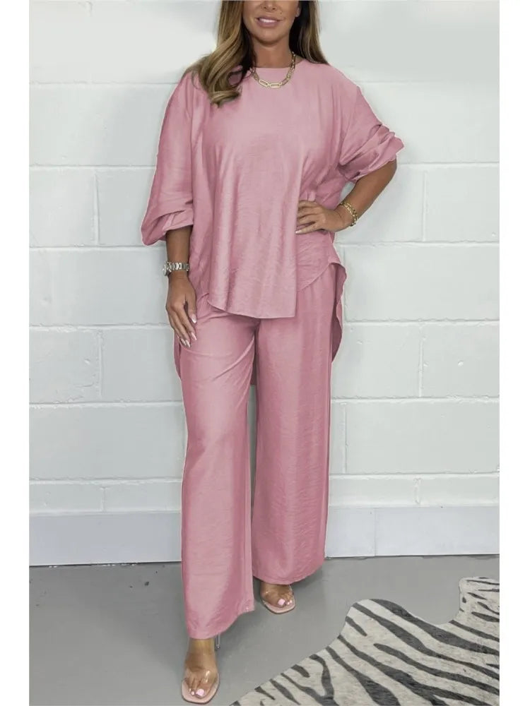 Women's Suit Casual Loose Solid Color Satin 2-piece Set Spring Fall New Blouse Top + Pants Sets Daily Wear Elegant Outfit Female.