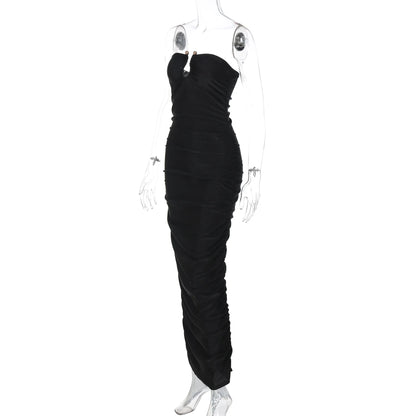 Dulzura ärmelloses, trägerloses, plissiertes Maxikleid mit Knopf, sexy, elegantes langes Kleid für Damen, Party, Club, Büro, Frühling und Sommer.